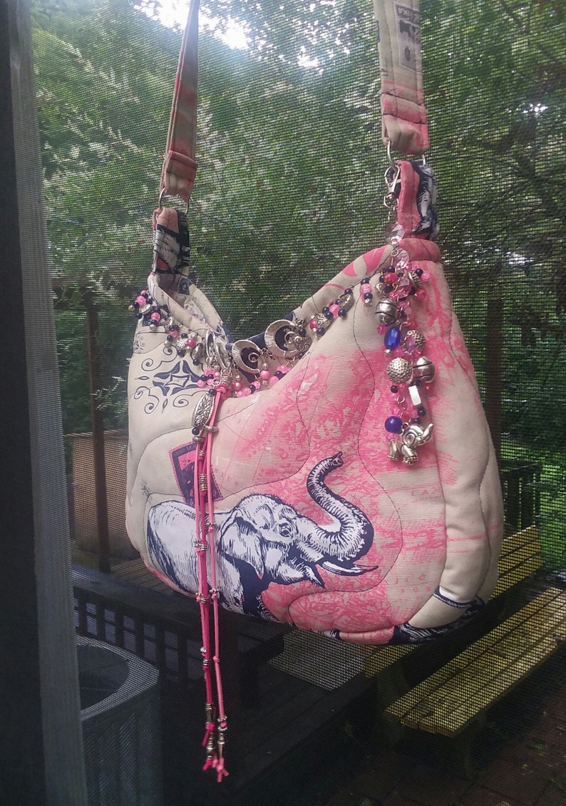 Heavy Cotton Beaded /& Keychain Magnetic Closure Boho Bag Pockets Quilted Africa Elephant Design Large Hippie CrossbodyShoulder