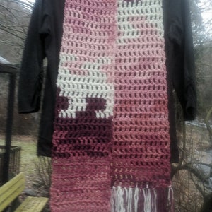 REDUCED. Crochet Scarf....Chunky....Long Boho Batik Design Crochet Scarf in shades of Pink, White and Maroon..Long Fringe image 5