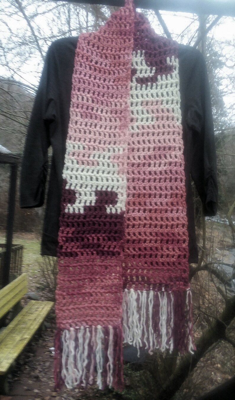 REDUCED. Crochet Scarf....Chunky....Long Boho Batik Design Crochet Scarf in shades of Pink, White and Maroon..Long Fringe image 5