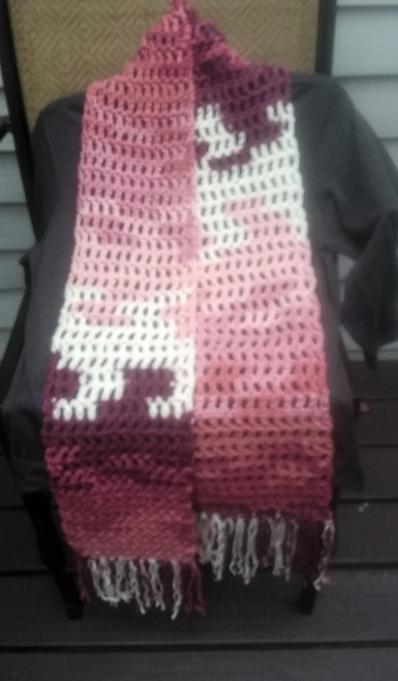 REDUCED. Crochet Scarf....Chunky....Long Boho Batik Design Crochet Scarf in shades of Pink, White and Maroon..Long Fringe image 4