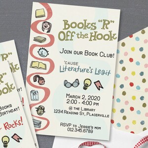 Reading Rocks! DIY printable invitation with envelope liner 5X7" A7 FREE patterned paper birthday book club love DESIGN #20JA01