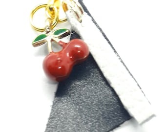 LEATHER & METAL Black White Gold Combination with Cherry Charm Puller Zipper Pendant Puller Helper Metal 58 mm X 25 mm