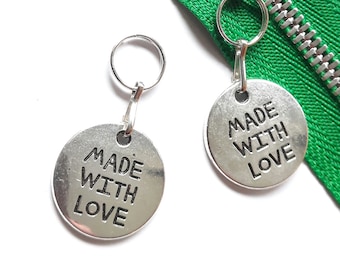 MADE WITH LOVE Charm Jewelry Puller Helper Zipper Pendant Bags Jewelry Metal Disc with Shine Color Silver 35 mm X 20 mm
