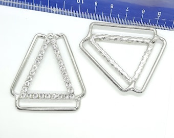 Ajustador deslizante triangular de 38 mm / 32 mm para tirantes, petos, arneses para perros, barrigueras, trajes de baño, adornos metálicos plateados y de pedrería