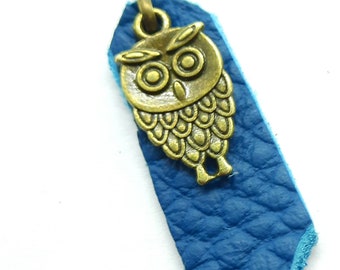 LEATHER & METAL Petrol Old Brass Owl Combination Charm Puller Zipper Pendant Puller Helper Metal 58 mm X 12 mm