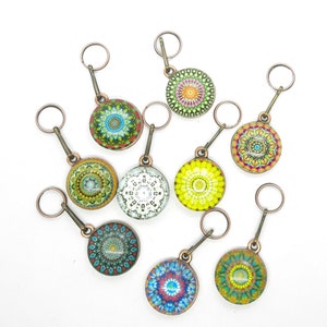 COLORFUL ROSETTE Charm Zipper Decorative Pendant Metal Round Color Antique Copper with Glass Cabochon in Various Patterns and Colors