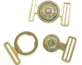 2-piece 30 mm belt buckle for elastic band made of metal, color old gold with rosette decorative pattern
