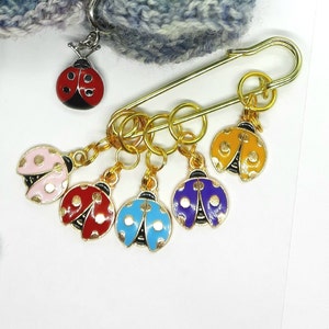 Könnte beinhalten: Ein Set mit sechs goldenen Marienkäfer-Maschenmarkierern mit einer Sicherheitsnadel. Die Marienkäfer sind in verschiedenen Farben, darunter rosa, rot, blau, lila und gelb. Jeder Marienkäfer hat schwarze Punkte und einen schwarzen Kopf.