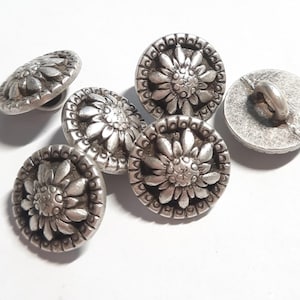6 pieces 13 mm traditional metal buttons with eyelet for shirts, knitwear, antique silver color with edelweiss pattern