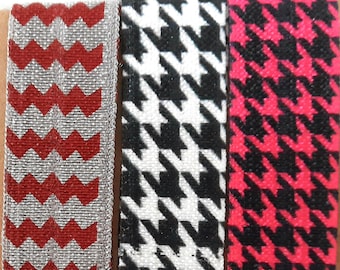 HOUNDSTOOTH & CHEVRON 1m X 15mm Falzgummi Rollierband Einfassband elastisch Satinglanz Cochlear Fixierung, Hut Haarschmuck, Taschen Mäppchen