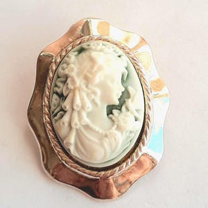 Ice gold brooch with resin, cameo lady with white/blue butterflies, antique style