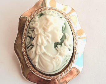 Ice gold brooch with resin, cameo lady with white/blue butterflies, antique style