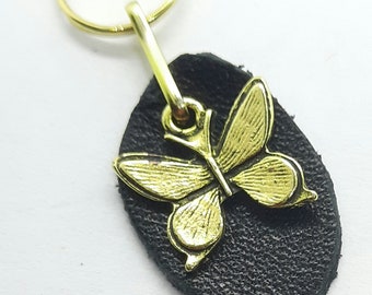 LEATHER & METAL Black Old Gold Butterfly Combination Charm Puller Zipper Pendant Puller Helper Metal 35 mm X 14 mm