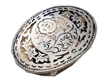 Tracht Gürtelschnalle Steg 30mm Vintage Buckle Oval Country Rosenmuster Metall Farbe Altsilber für 30mm Gurtbreite