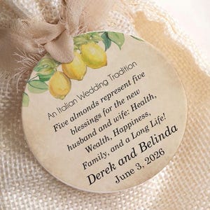 Personalized Jordan almonds favor tag, an Italian wedding tradition. Boubouniera Favor Tags