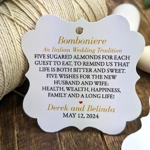 Personalized Jordan almonds gift tags, Boubouniera Favor Tags, an Italian wedding tradition.