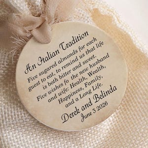 Personalized Jordan almonds favor tag, an Italian wedding tradition. Boubouniera Favor Tags