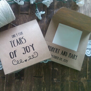 20 Personalized Tears of joy packs, Rustic wedding tissues.