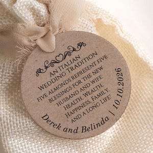 Personalized Jordan almonds favor tag, an Italian wedding tradition. Boubouniera Favor Tags