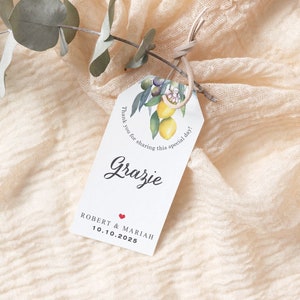 Bruiloft gunst Tags. Grazie gunstlabels. Limoncello gunstlabels. Olijfolie Tags: Italiaans. Middellandse Zee