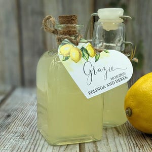 Personalized heart-shaped "grazie" favor tags, Custom Limoncello labels