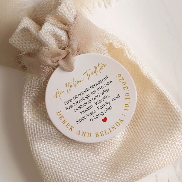 Personalized Jordan almonds favor tag, an Italian wedding tradition. Boubouniera Favor Tags