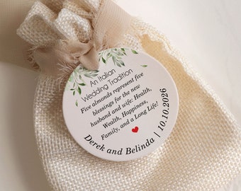 Personalized Jordan almonds favor tag, an Italian wedding tradition. Boubouniera Favor Tags