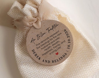 Personalized Jordan almonds favor tag, an Italian wedding tradition. Boubouniera Favor Tags