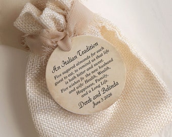 Personalized Jordan almonds favor tag, an Italian wedding tradition. Boubouniera Favor Tags