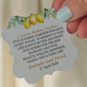 Personalized Jordan almonds gift tags, Customized boubouniera gift labels, An Italian wedding tradition.
