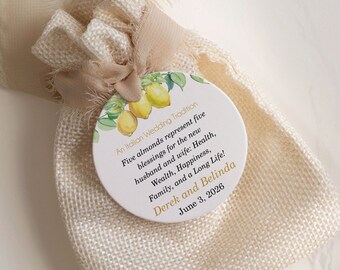 Personalized Jordan almonds favor tag, an Italian wedding tradition. Boubouniera Favor Tags