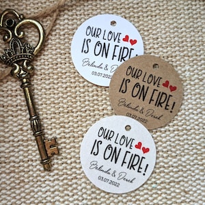 Personalized our love is on fire favor tag. Custom spice gift label. Mini size tags.