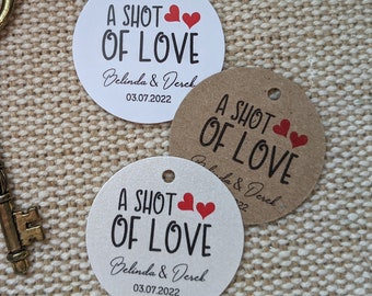 Personalized favor mini-size tags, Custom "A Shot of Love" labels