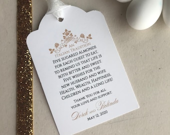 Jordan almonds favor tag. An Italian tradition gift label.