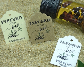 Personalized Infused with love favor tags. Custom Olive oil gift label