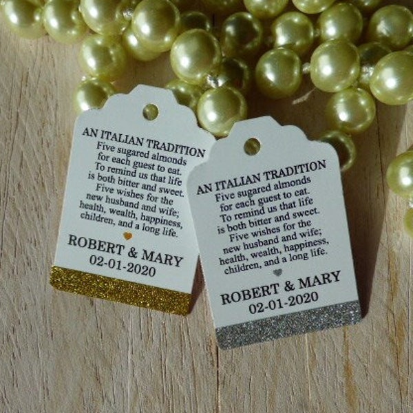 Jordan almonds mini tag. Personalized glitter labels. Five wishes poem.