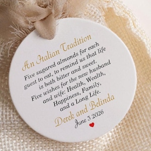 Personalized Jordan almonds favor tag, an Italian wedding tradition. Boubouniera Favor Tags