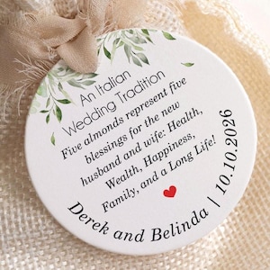 Personalized Jordan almonds favor tag, an Italian wedding tradition. Boubouniera Favor Tags