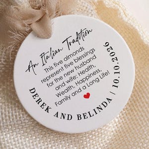 Personalized Jordan almonds favor tag, an Italian wedding tradition. Boubouniera gift label