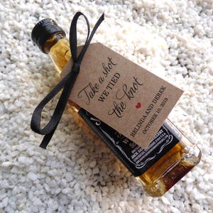 Take a shot we tied the knot tag. Personalized wedding favor label