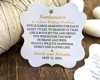 Personalized Jordan almonds gift tags, Boubouniera Favor Tags, an Italian wedding tradition.
