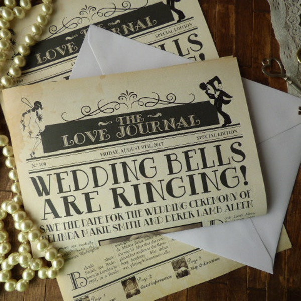 SAMPLE Vintage Newspaper Invitation. Newspaper Save the Date. Newspaper Invites.4 pages Custom Newspaper. Inspired Gastby