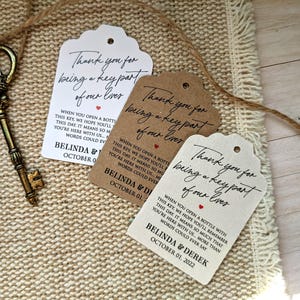 Personalized thank you for being a key part of our lives tag. Custom key to happiness labels.