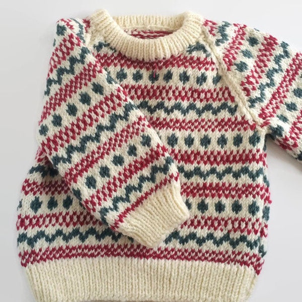 Merino baby and childrens sweater, hand knitted jumper a traditional Fair Isle design, in soft merino superwash wool