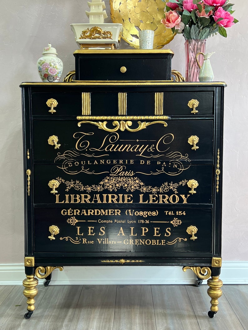 Black Gentleman's Dresser / Tall Dresser / Black & Gold Etsy