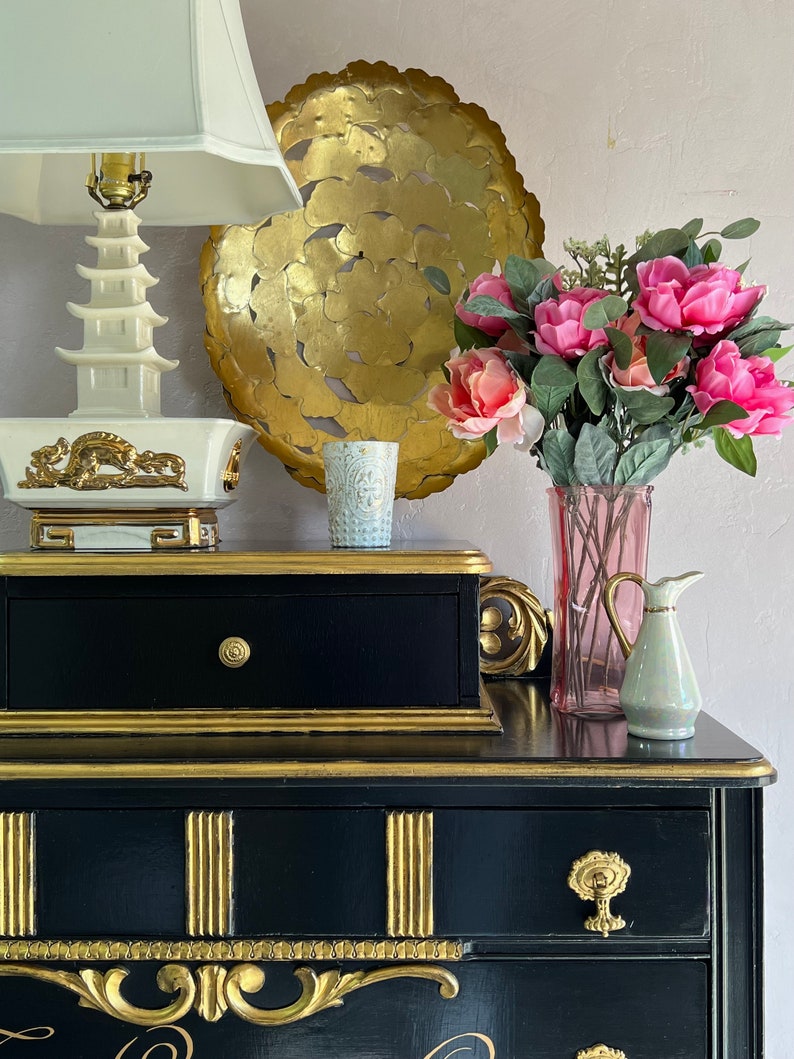 Black Gentleman's Dresser / Tall Dresser / Black & Gold Etsy