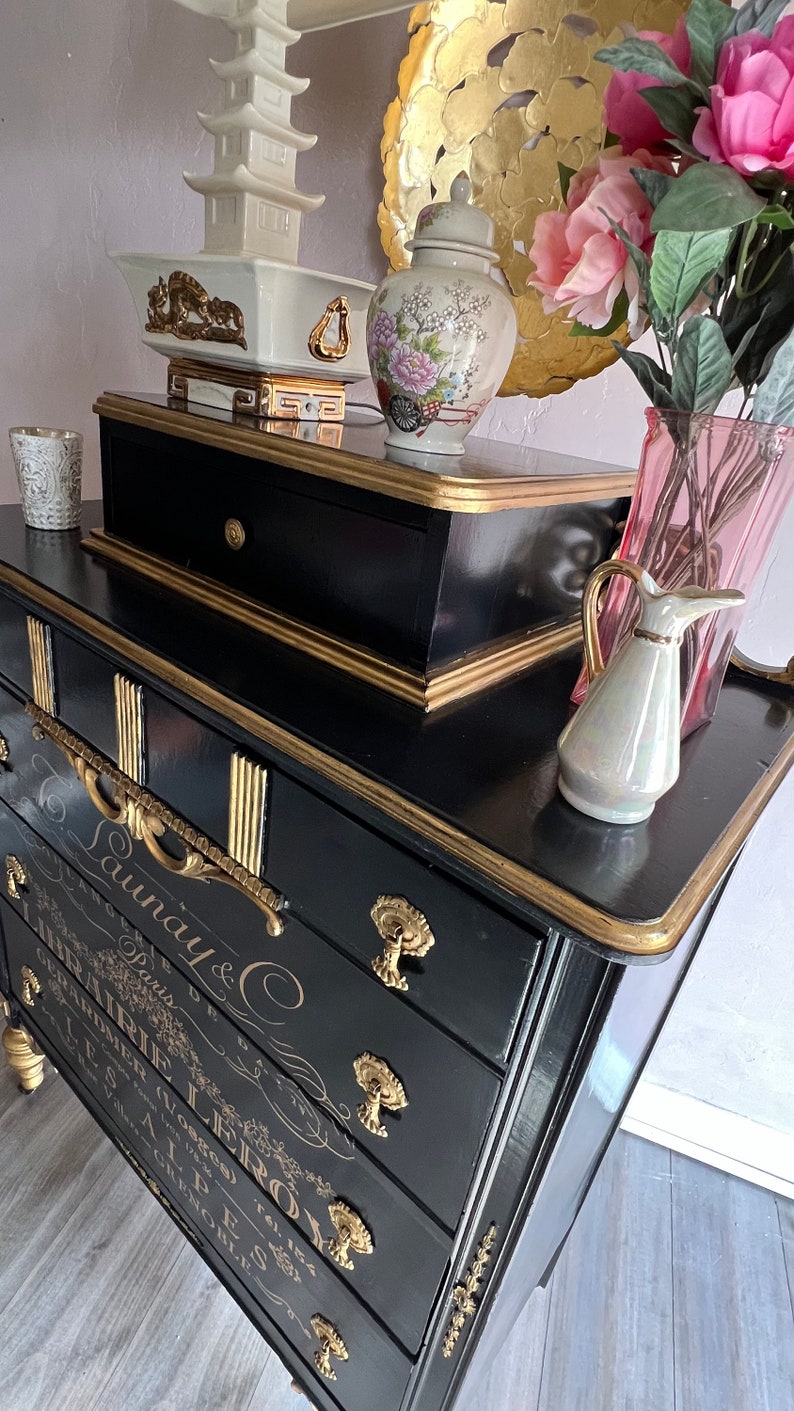 Black Gentleman's Dresser / Tall Dresser / Black & Gold Etsy
