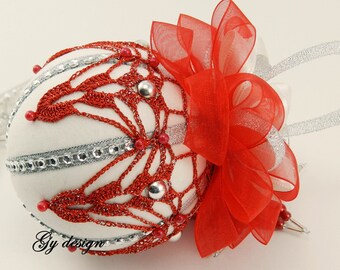 Red crochet Christmas Ornaments, Beaded Ivory Velvet Handmade Ball, Gift for Mom Grandma Friends, No Sew Kimekomi bauble