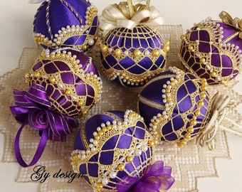 Gold Christmas Ornaments, Beaded Chrochet purple satinHandmade Ball, Gift for Mom Grandma Friends, No Sew Kimekomi bauble