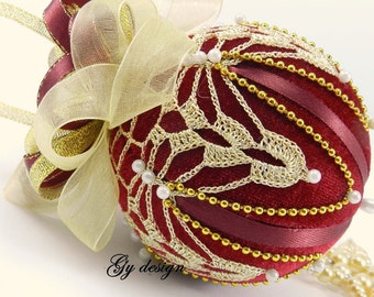 Gold crochet Christmas Ornaments, Burgundy Red Velvet Ball, No Sew Kimekomi bauble